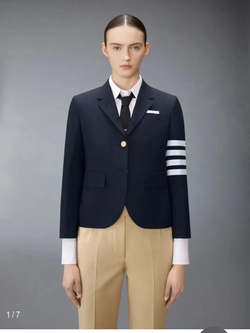 Thom Browne Navy Wool Blazer with White Sleeve Stripes